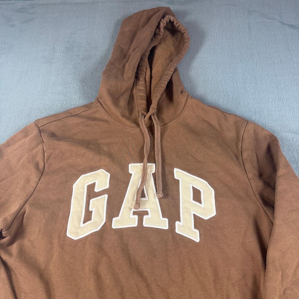 Gap Logo Hoodie Brown Fleece Pullover Sweatshirt Mens Medium Arch Logo Applique